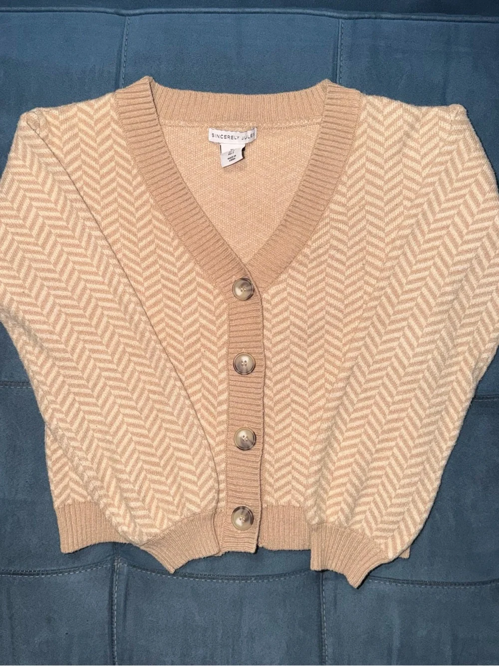 Sincerly Jules Chevron Knit Button-Up Cardigan in Cream